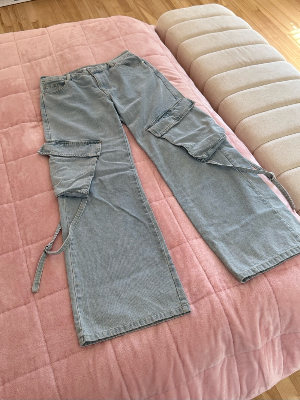 emory park Light Blue Wide-Leg Cargo Jeans with Side Straps